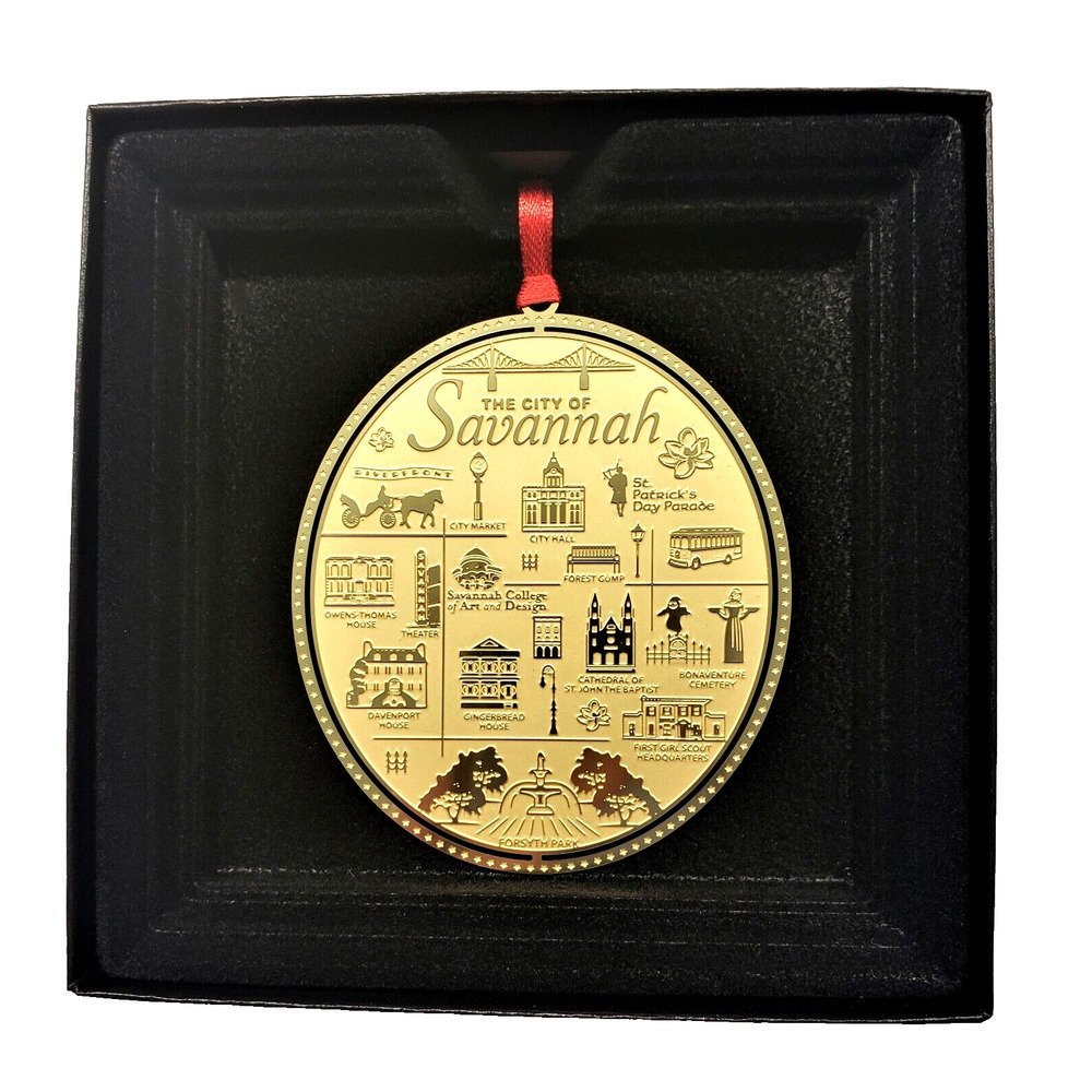 Savannah Georgia City Landmarks Brass Ornament, Made in USA